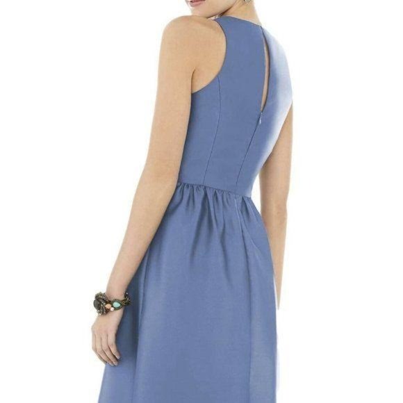 ALFRED SUNG Blue Satin Halter Jewel Neck Gown - Picture 5 of 8